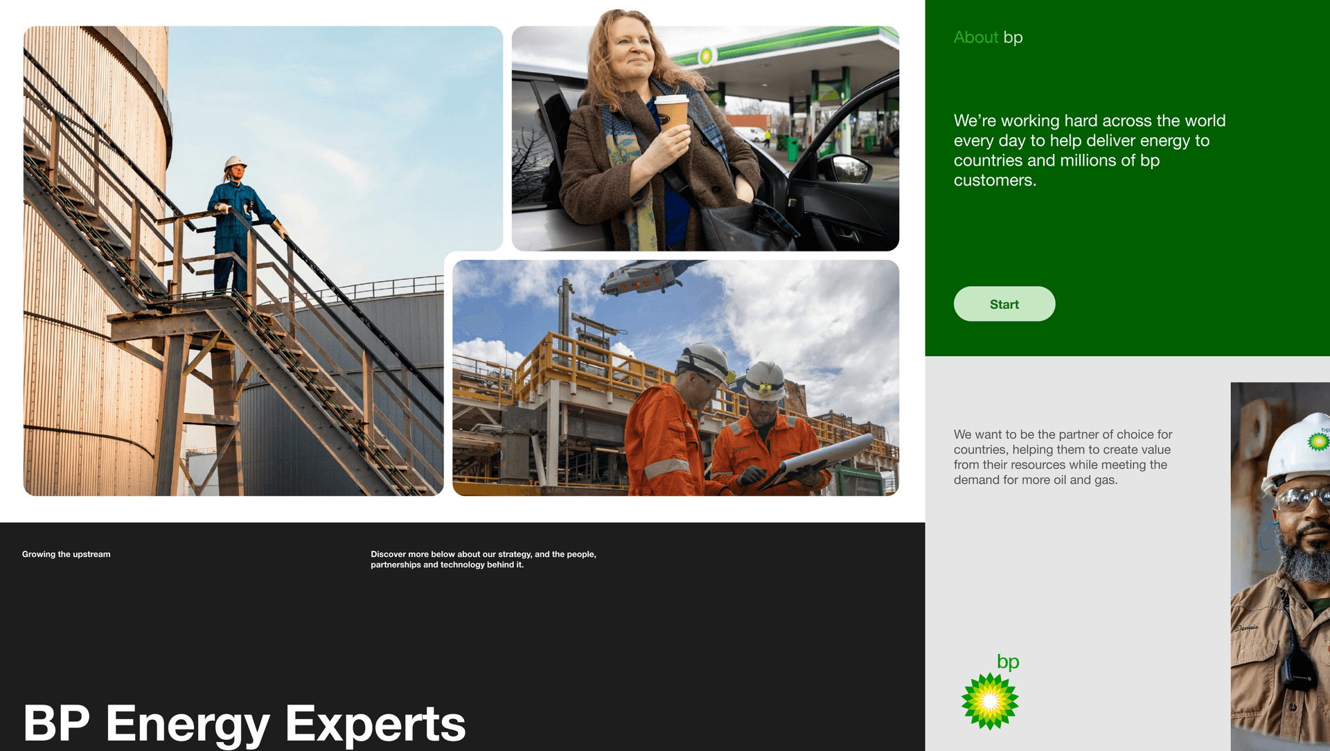 bp brand utilisation reference — BP Energy Experts campaign layout pairing facility, retail, and offshore imagery with brand statements