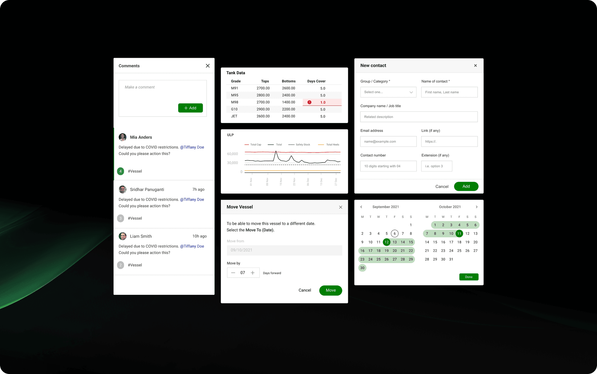 Snapshot of the legacy planning surface — Comments thread, Tank Data and ULP chart, New contact modal, Move Vessel action, and a calendar picker spread across disconnected views