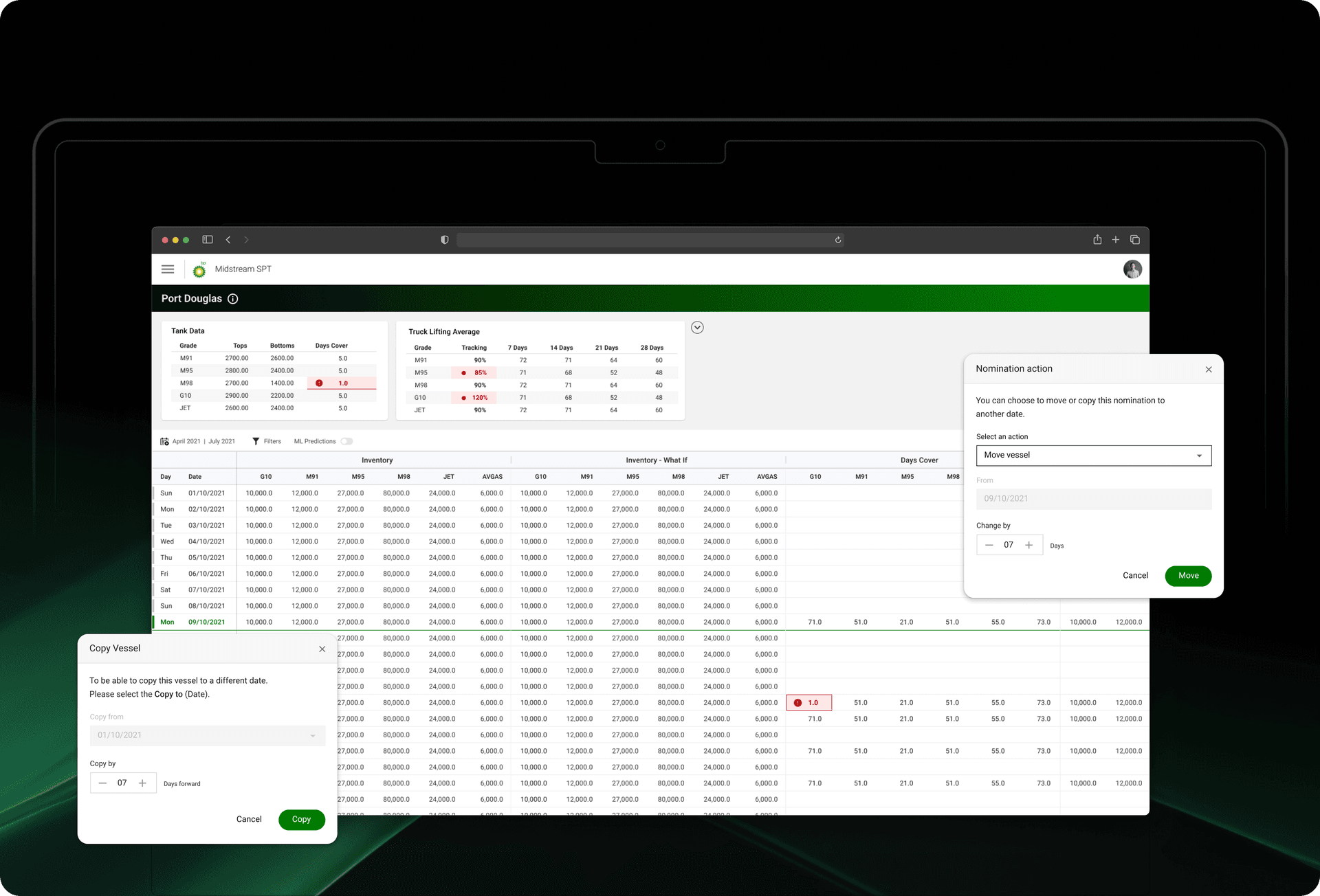bp Midstream SPT — fuel supply planning dashboard with tank data, inventory grid, and nomination action modal