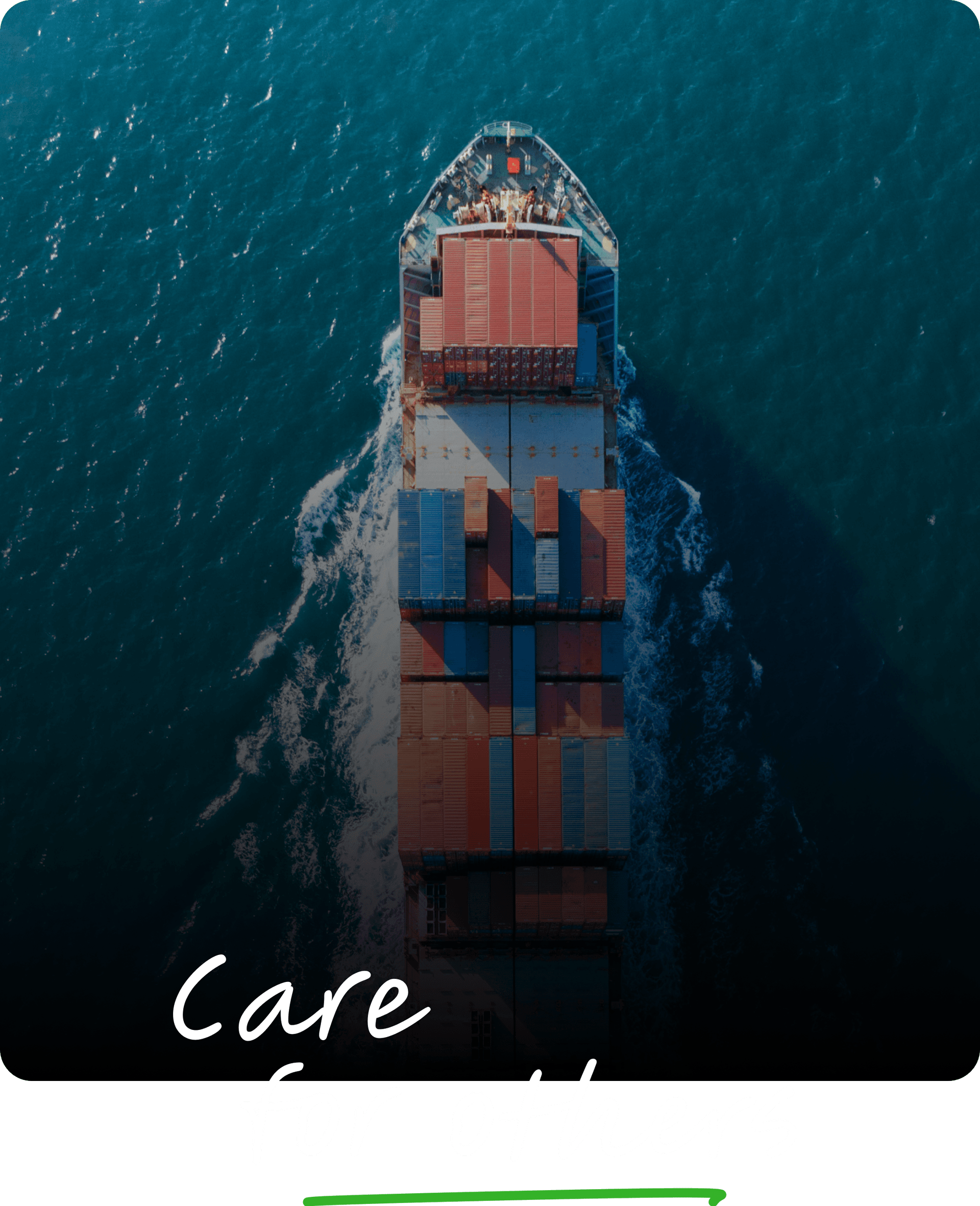 Aerial view of a bp container ship at sea with the brand statement Care for others overlaid