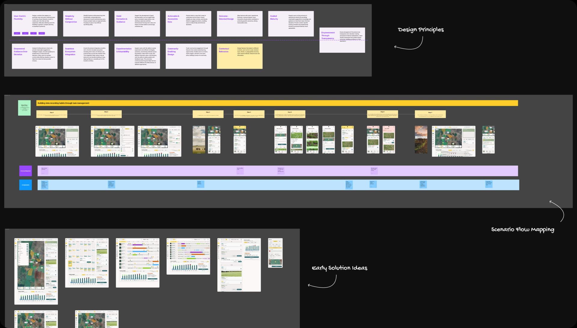 Discovery process diagram with Design Principles, Scenario Flow Mapping, and Early Solution Ideas callouts