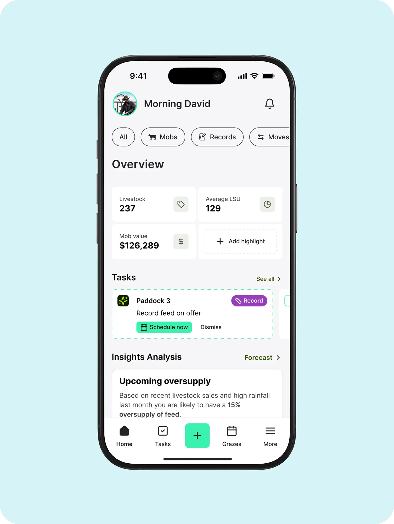 Grazing Stats screen — Maia mobile app
