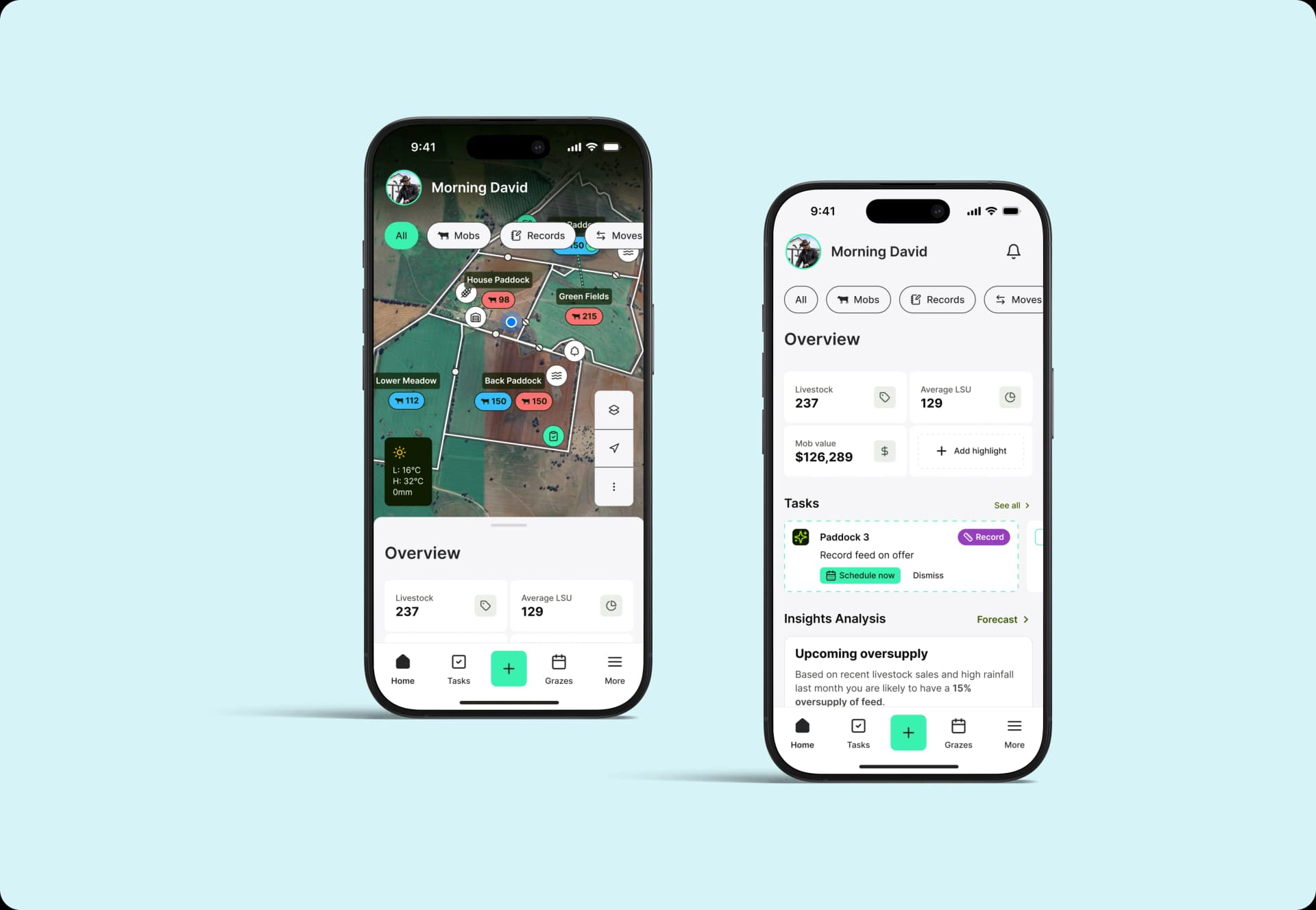 Maia farming app — two iPhone 16 Pro mockups showing the redesigned grazing dashboard and overview