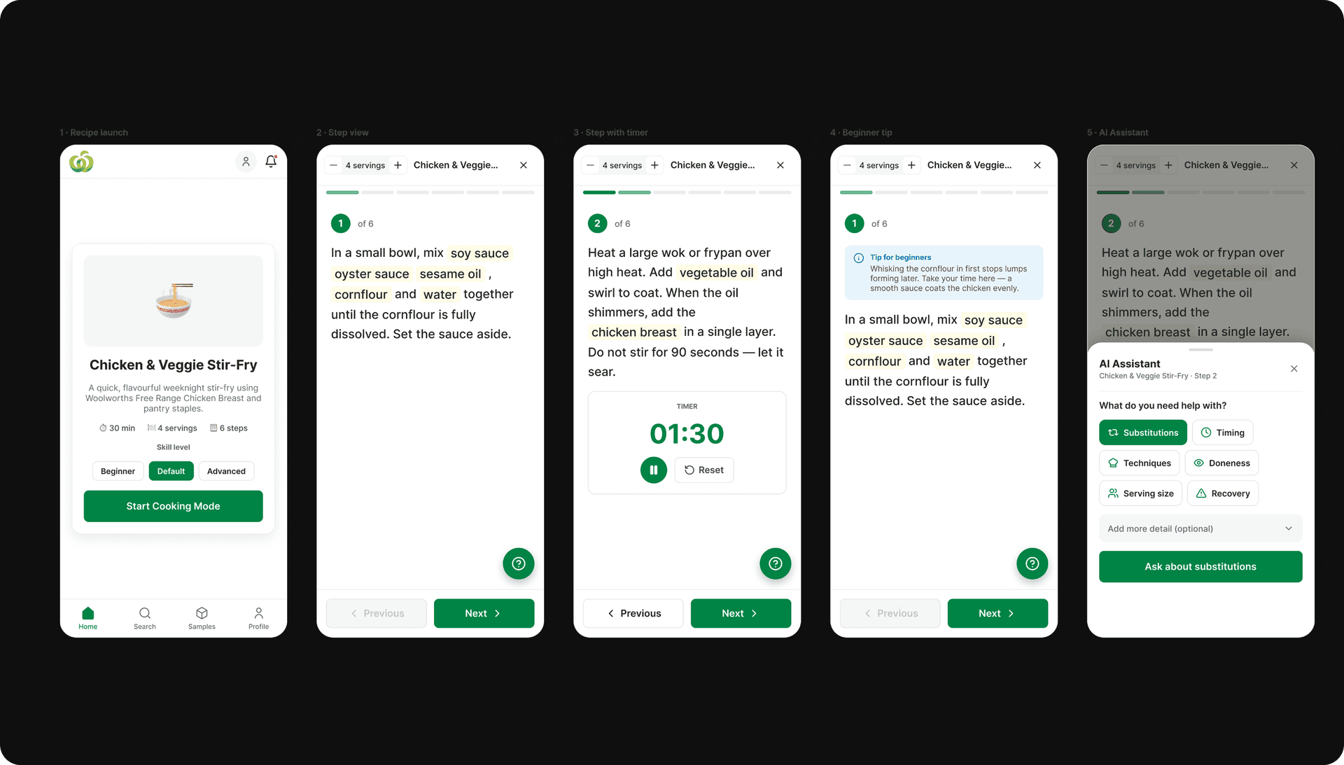 Woolworths guided Cooking Mode — step-by-step mobile flow with a built-in assistant