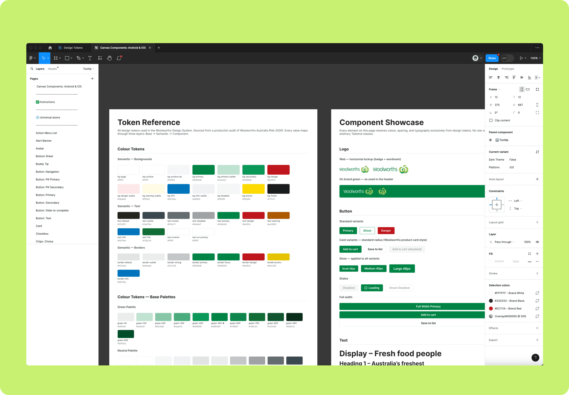 Woolworths Design System — token reference and component showcase in Figma