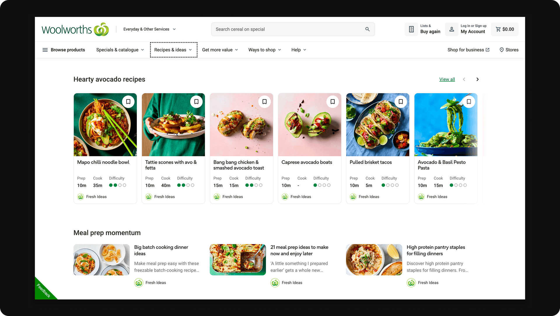 Woolworths recipes experience — meal ideas and guided cooking on woolworths.com.au